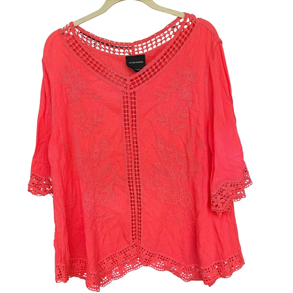 Liv Los Angeles Coral Embroidered Crochet Lace Cotton Boho Blouse oversized M